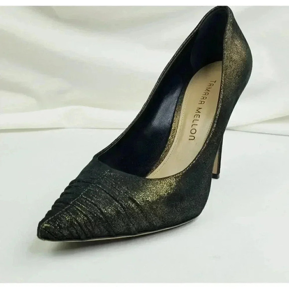 Tamara Mellon Size 37.5 (US 7-7.5) Women Olive Green Sparkly Glittery Pump Heels - Picture 1 of 13